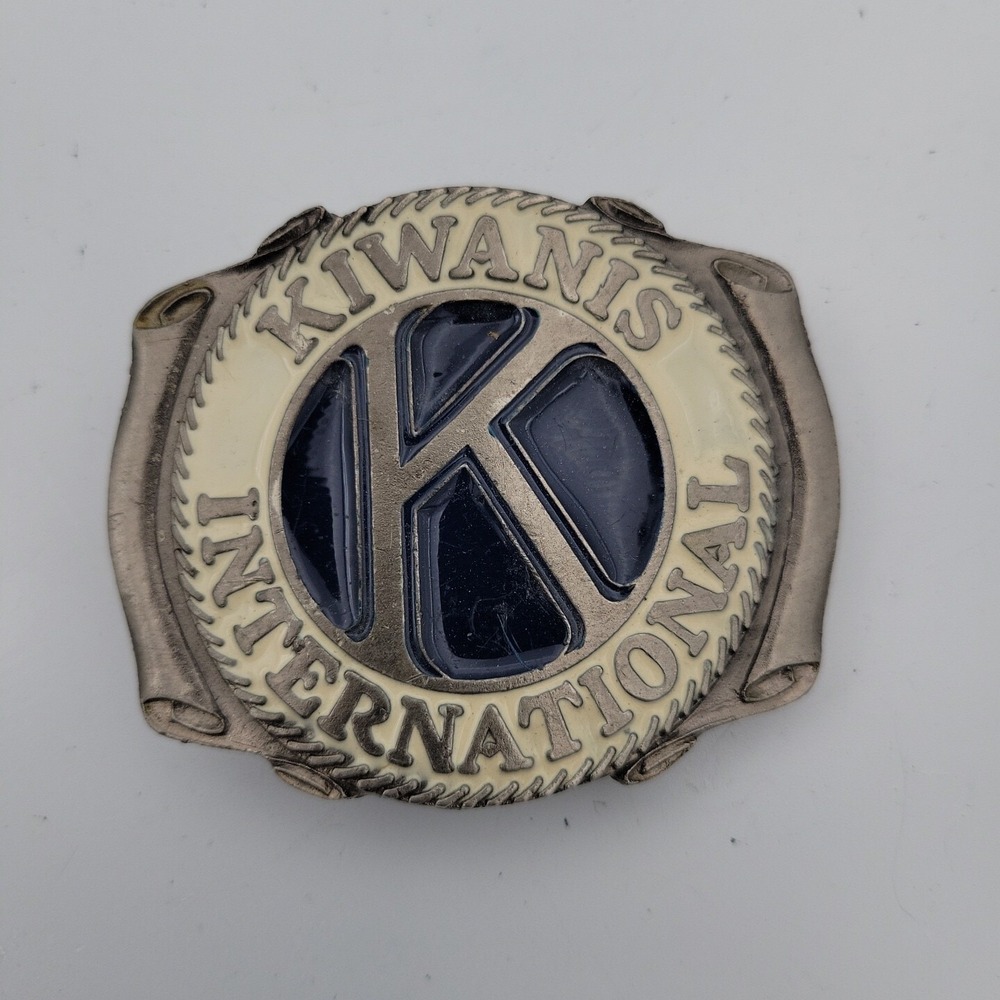 KIWANIS INTERNATIONAL METAL‎ Blue White ENAMEL BELT BUCKLE 3 X 2 1/4